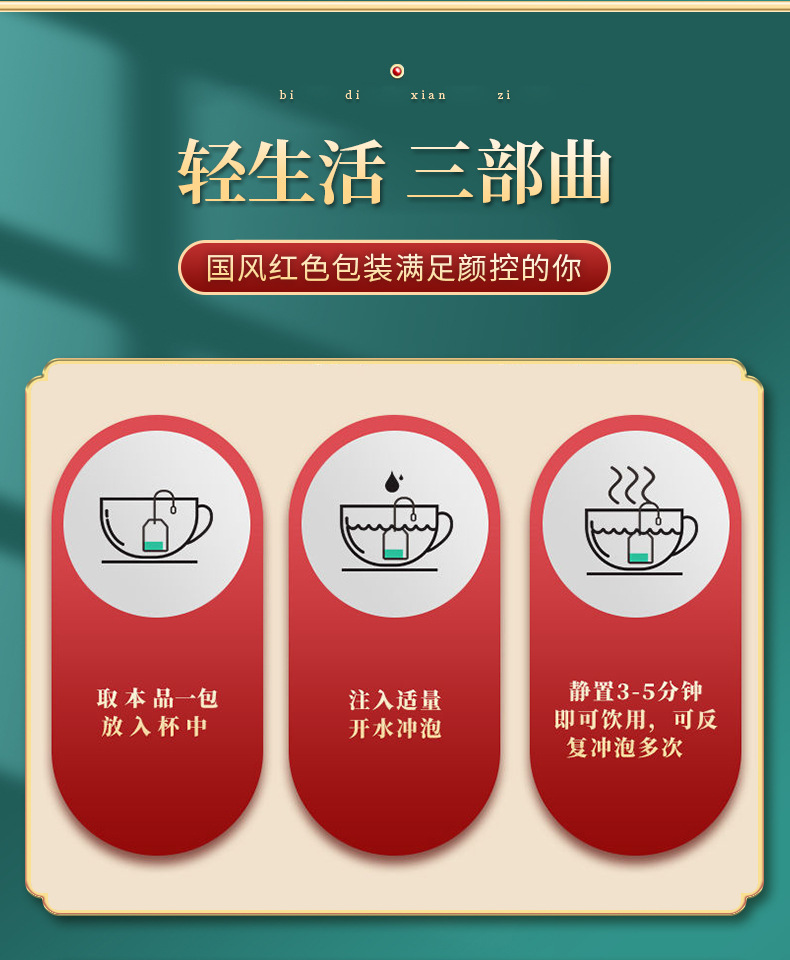 碧迪纤姿代用茶冲泡步骤：取 1 小袋用开水冲泡 可反复冲泡多次 办公室便携养生茶