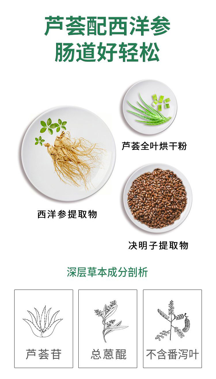 精选芦荟、西洋参、决明子等多种草木成分，安全健康