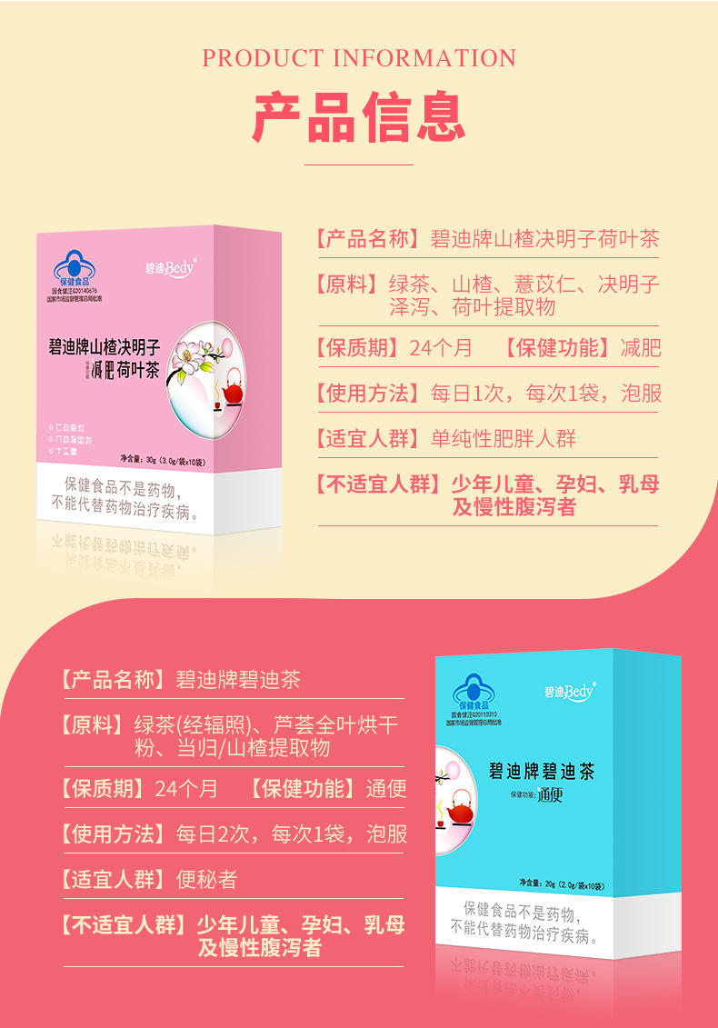 碧迪牌山楂决明子荷叶茶产品信息详情表